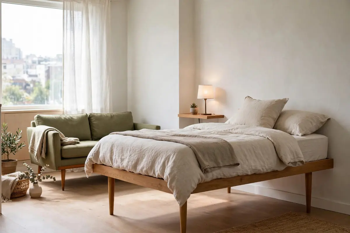 Small bedroom with furniture on tall legs and a floating nightstand.