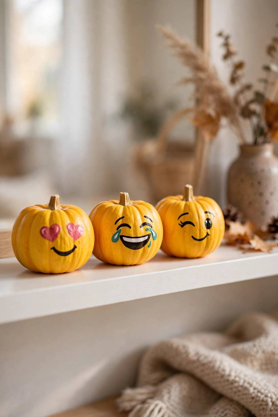 Pumpkin painting ideas: three mini pumpkins painted as emoji faces on a white shelf