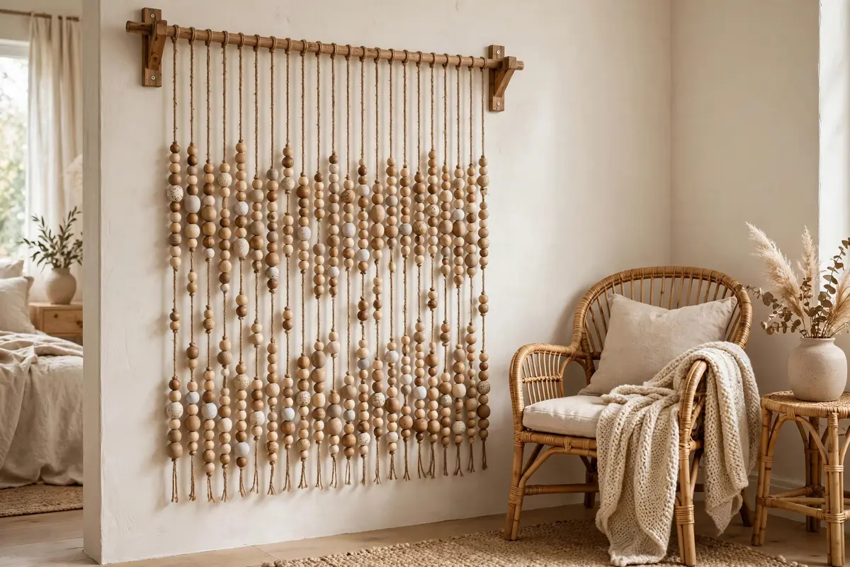 Beaded curtain wall panel with wooden beads strung on jute cord