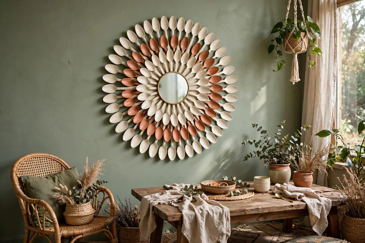 Upcycled spoon flower mandala wall art in cream and terracotta around a round mirror