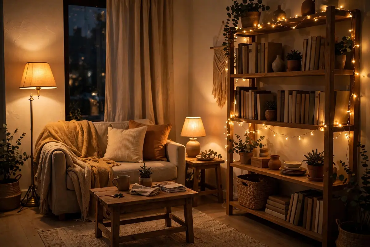 Warm layered lighting with fairy lights in a small apartment in the evening.