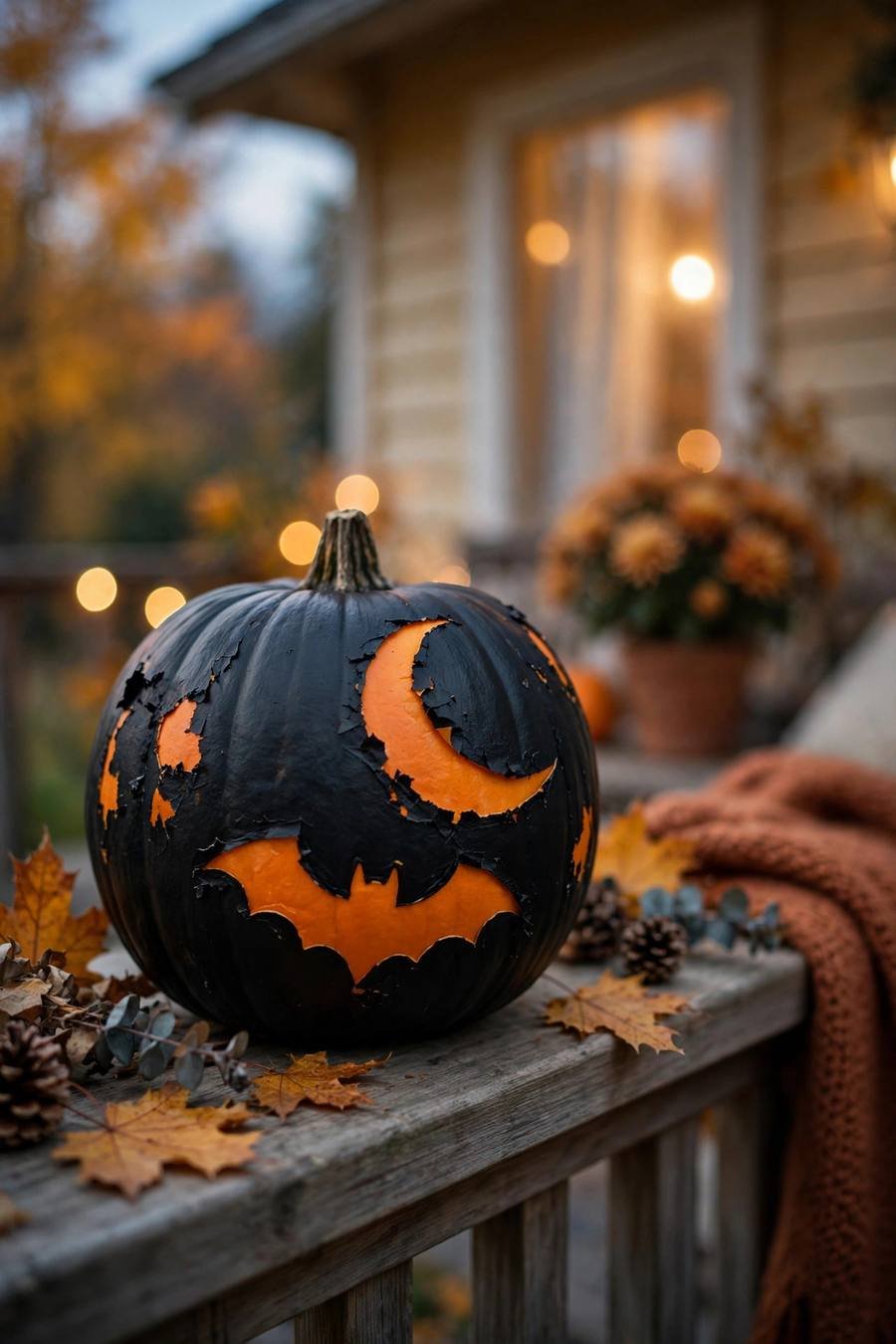 Pumpkin painting ideas: sticker-resist bat shapes revealed on a black painted pumpkin