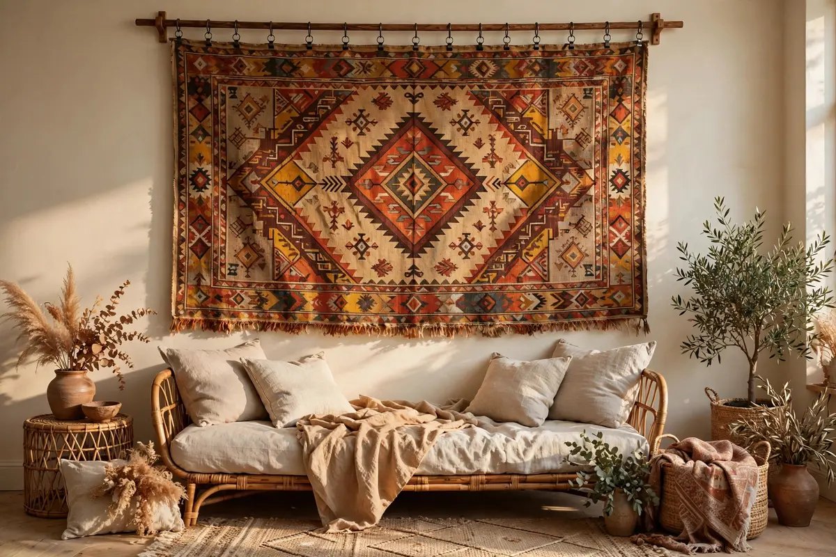 Vintage patterned textile tapestry hanging from a wooden rod on a cream wall