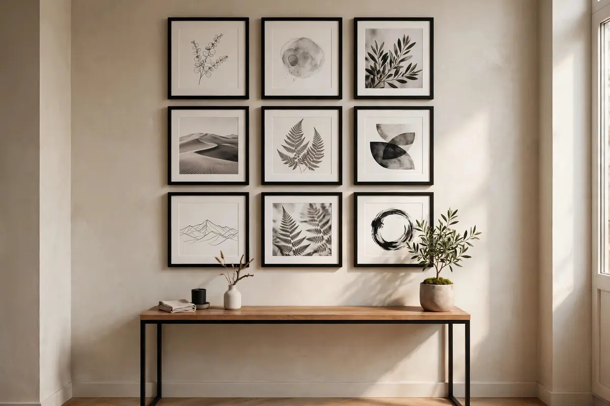 Curated gallery wall above a console table in a small apartment.