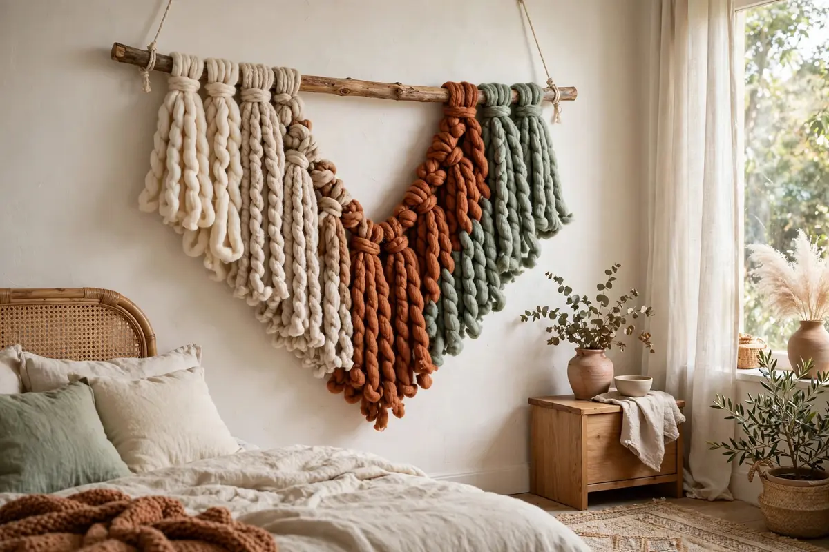 Yarn tassel fiber art wall hanging in cream, oatmeal, rust and sage tones