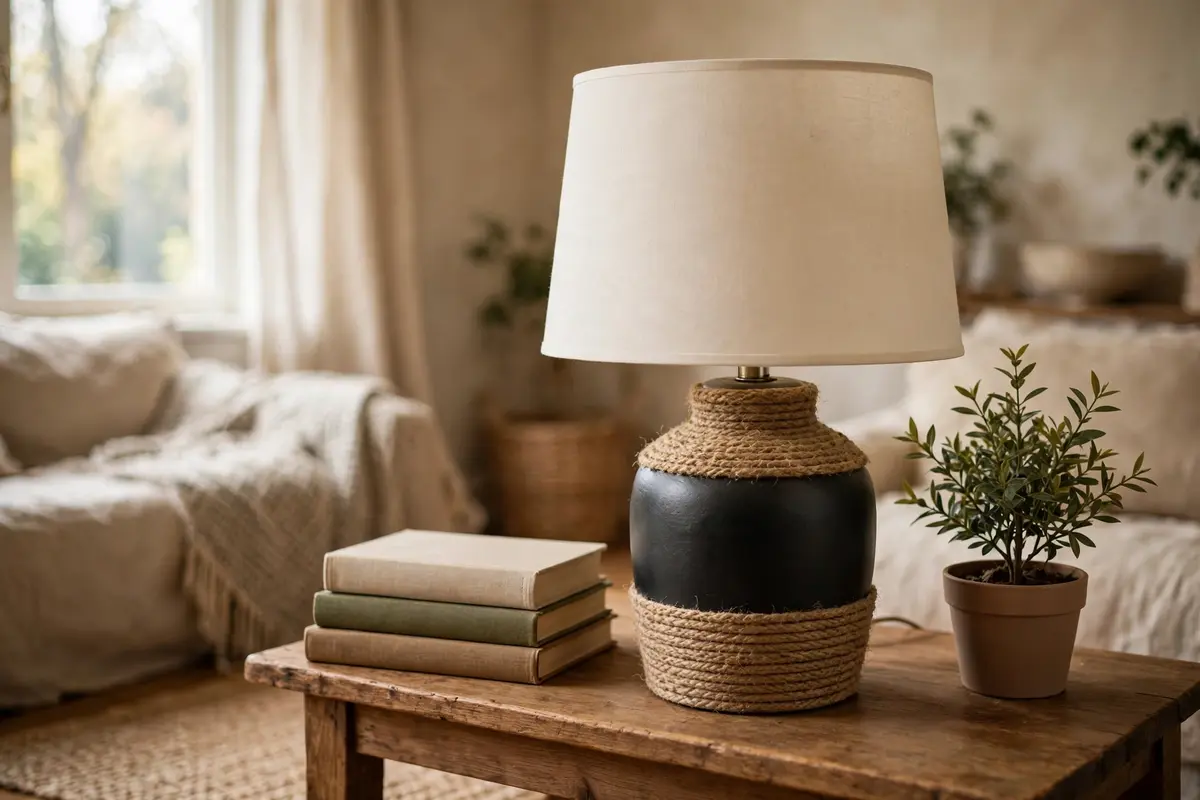 Thrift store table lamp flip with matte black painted ceramic base wrapped in jute rope and a cream linen shade