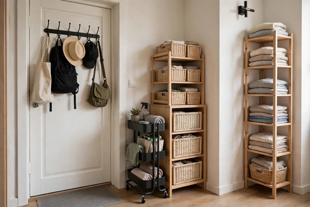 Over-the-door hooks and a slim rolling cart using dead space.