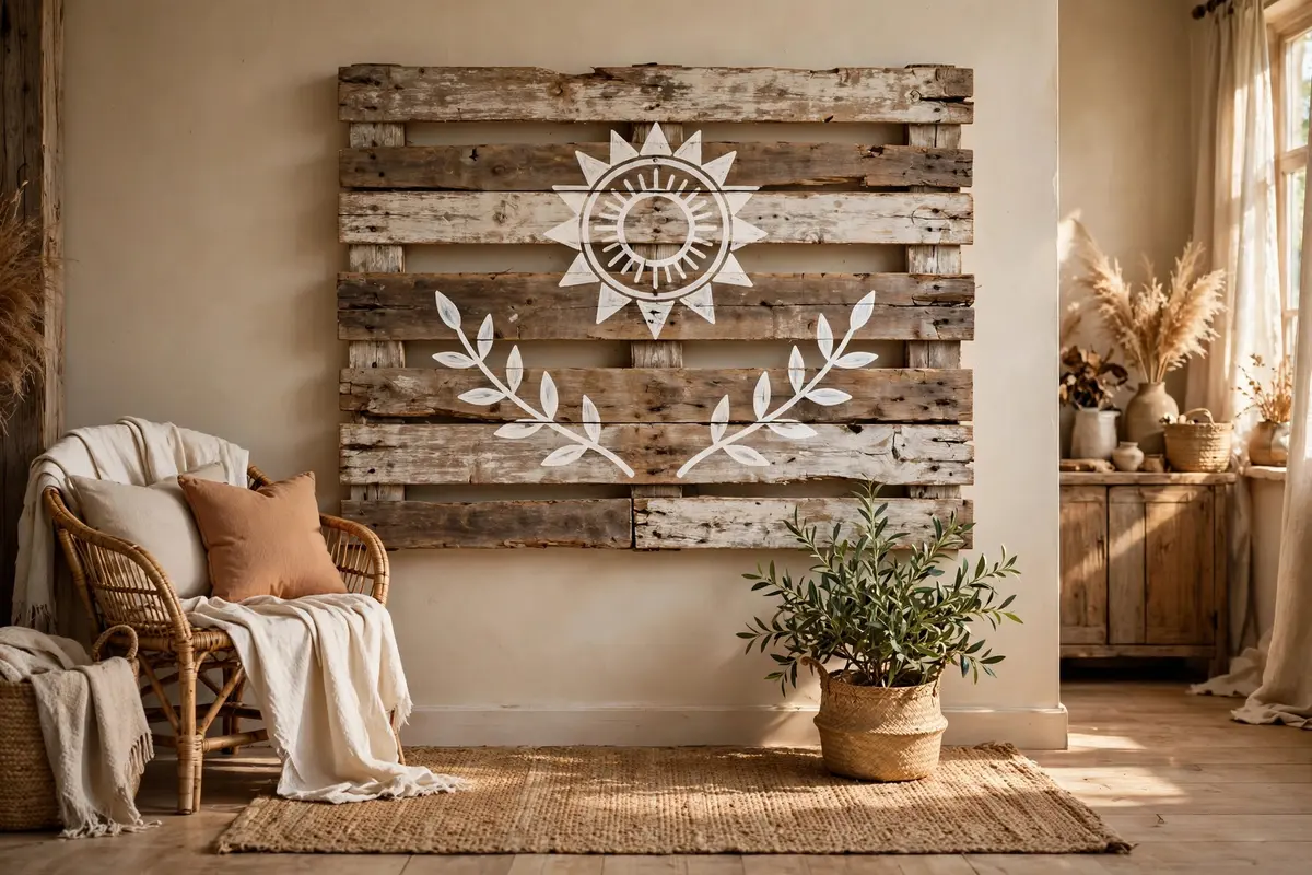 Reclaimed pallet wood wall panel hand-painted with a white tribal sun design