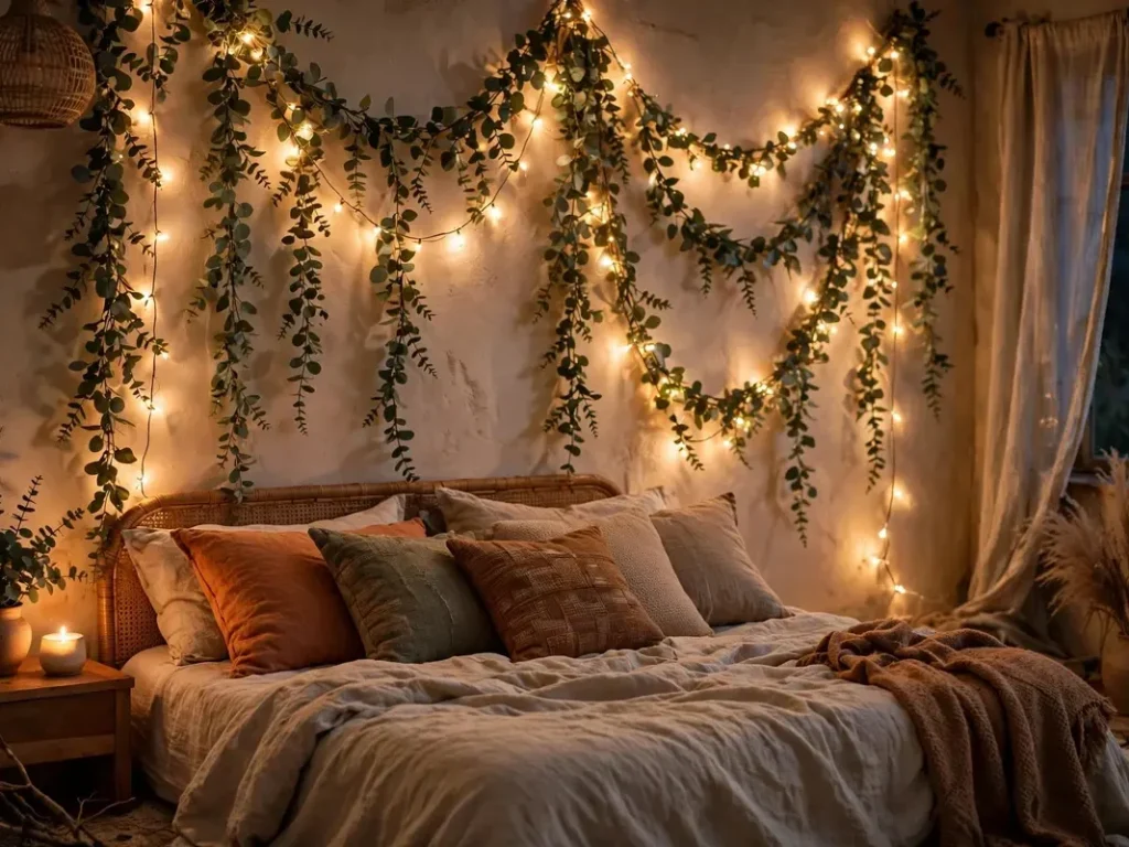 Warm fairy lights with faux eucalyptus garlands draped on a boho bedroom wall