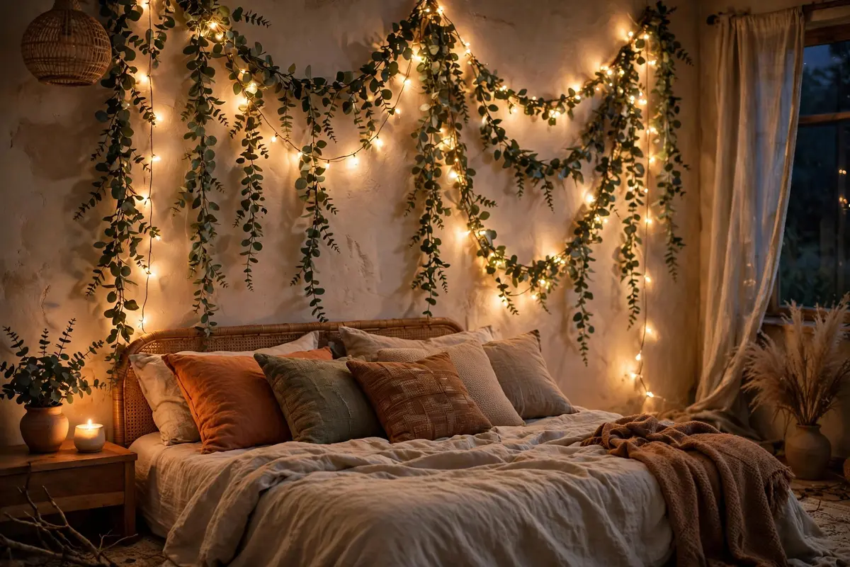 Warm fairy lights with faux eucalyptus garlands draped on a boho bedroom wall