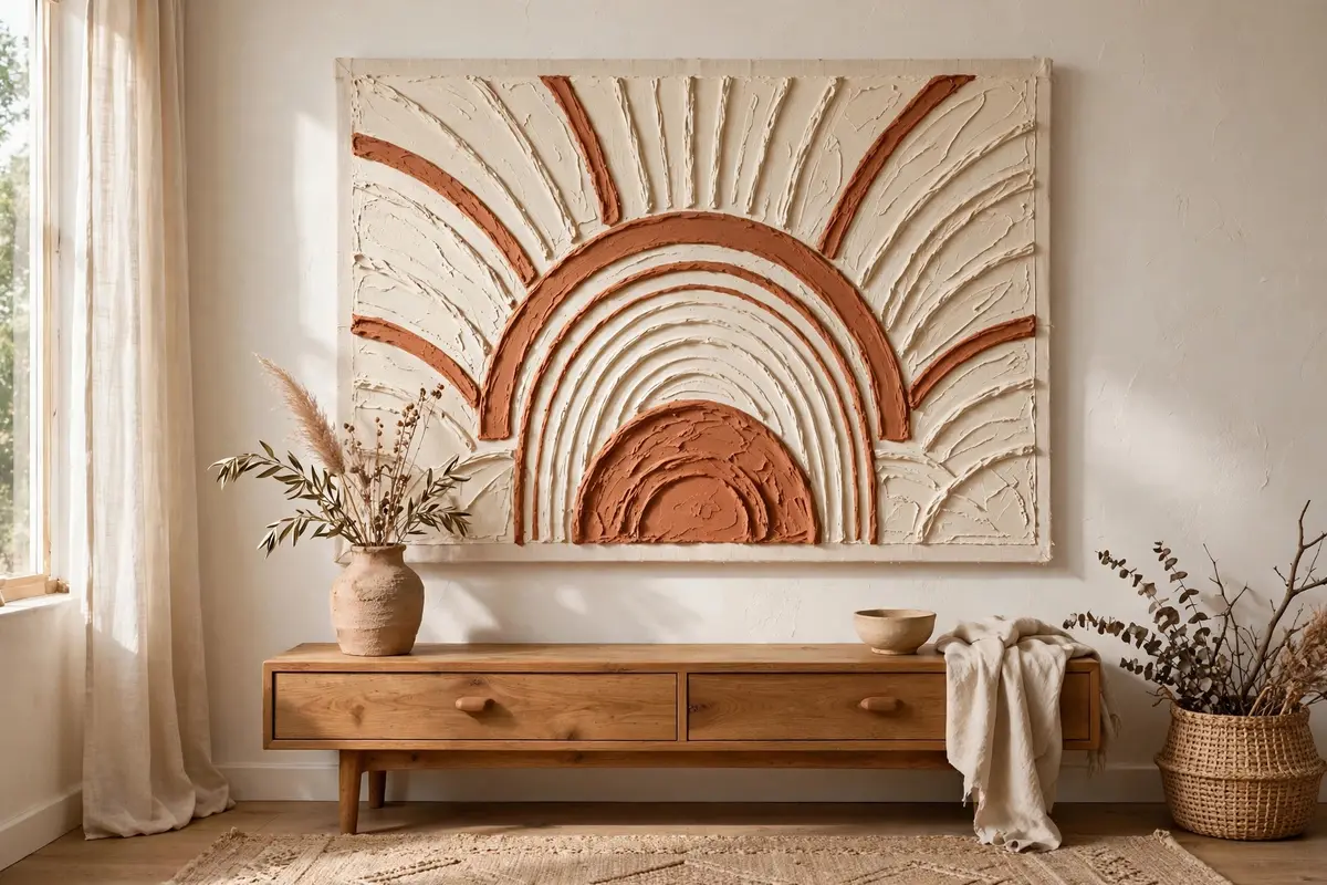 Hand-painted textured boho canvas with a terracotta sun arch on cream