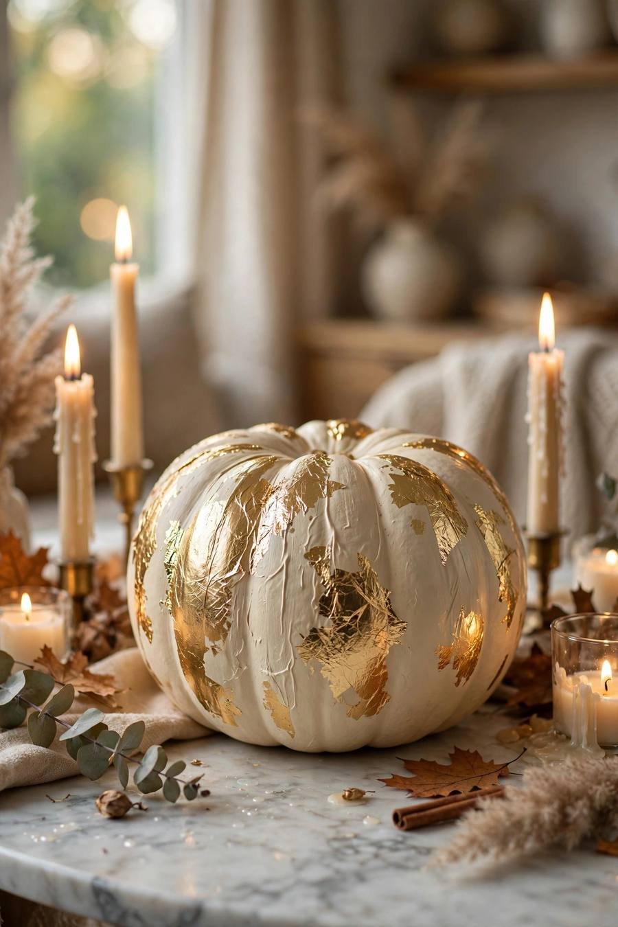 Pumpkin painting ideas: cream pumpkin with gold foil accents on a marble table