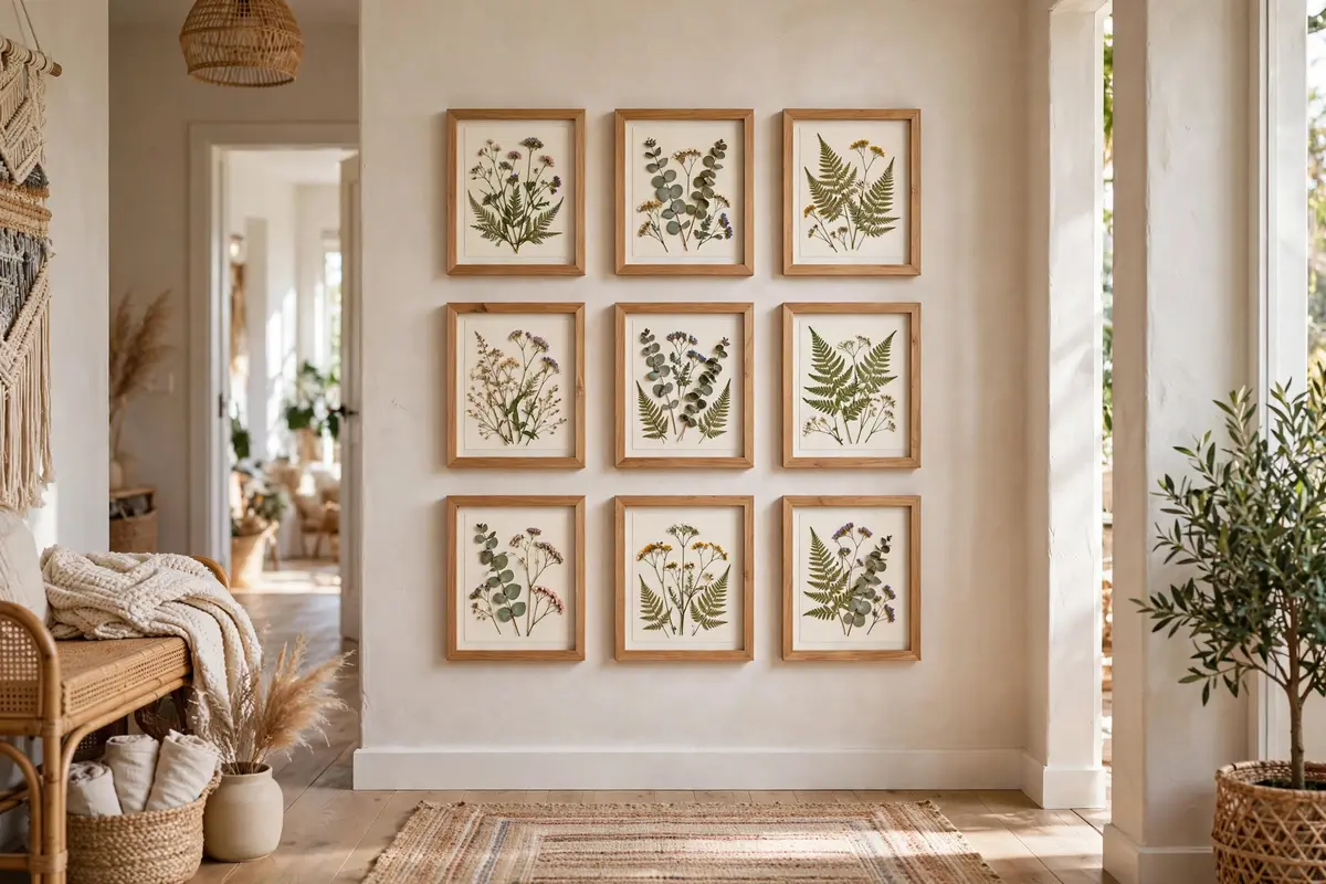 Gallery wall of small frames with pressed wildflowers and ferns on cream cardstock