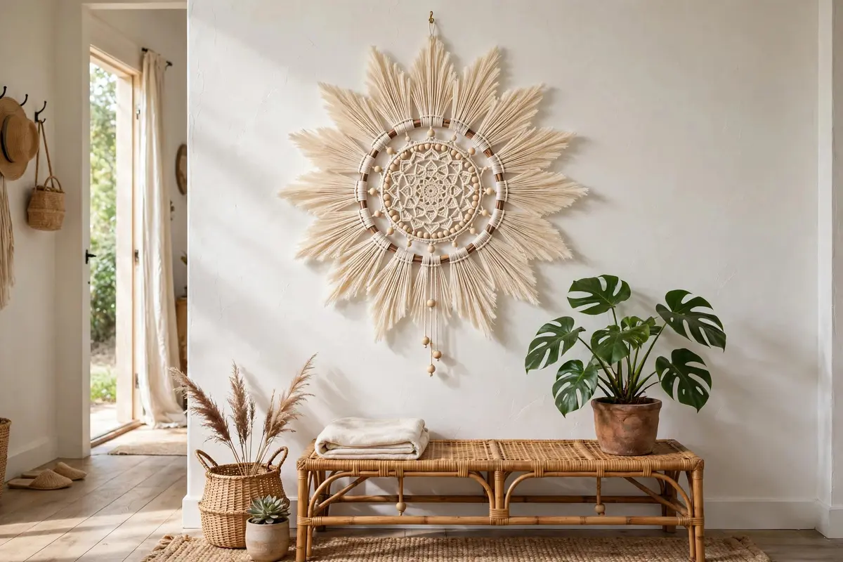 Macrame sun dreamcatcher hoop with radiating cotton cord rays and wooden beads