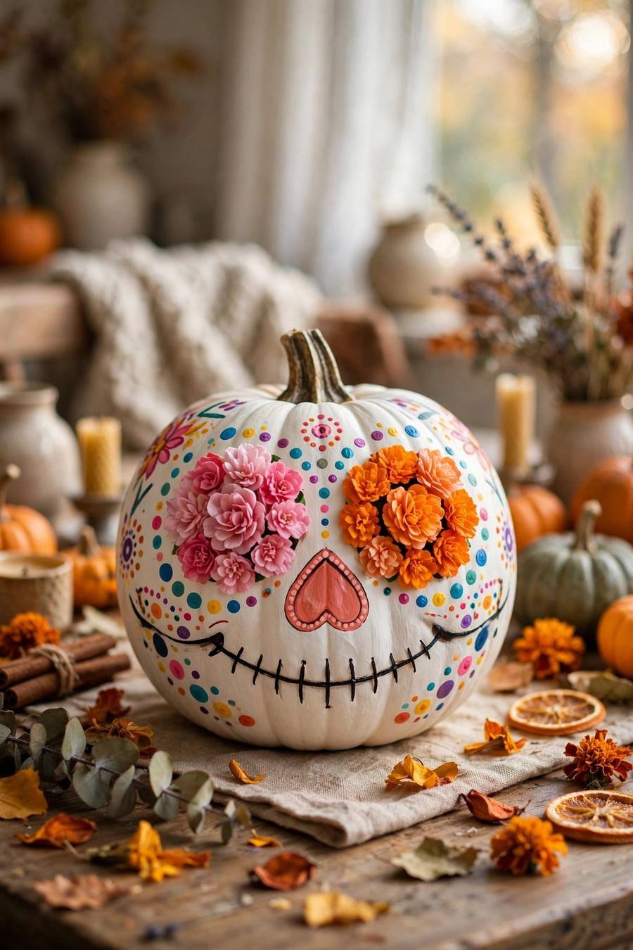 Pumpkin painting ideas: colorful sugar skull painted on a white pumpkin