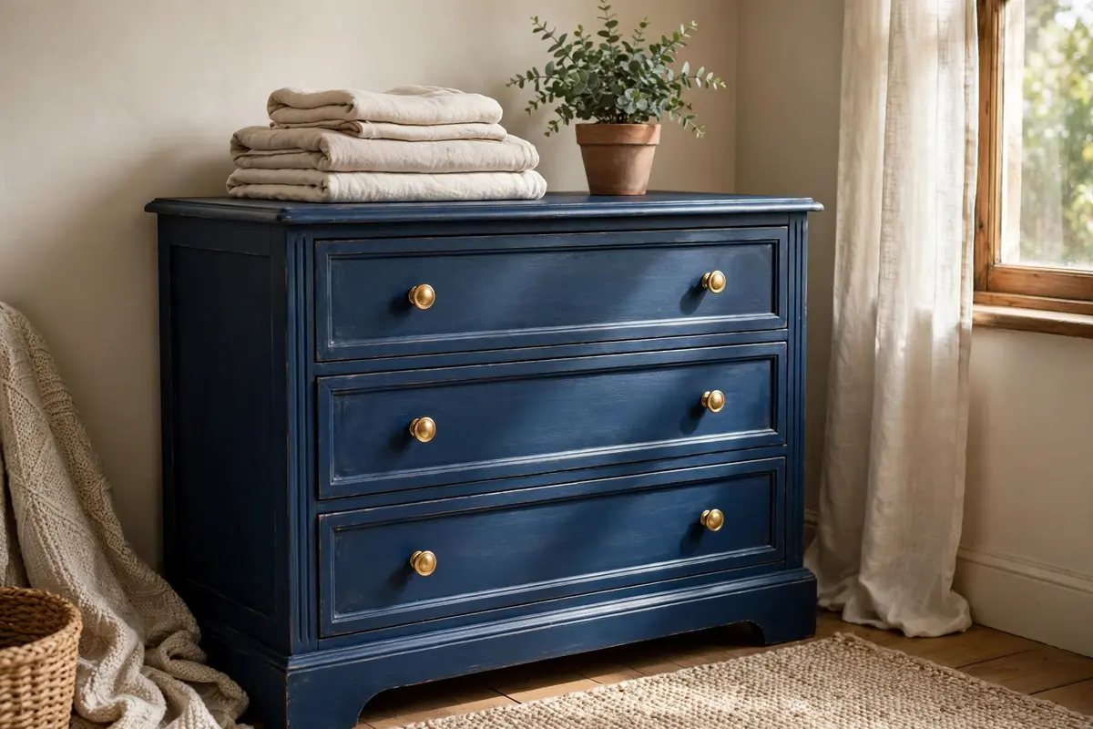 Thrift store home decor flips before and after: vintage wooden dresser refinished with navy chalk paint and gold knobs