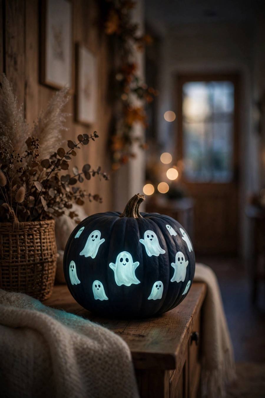 Pumpkin painting ideas: glowing ghost shapes on a dark pumpkin at night