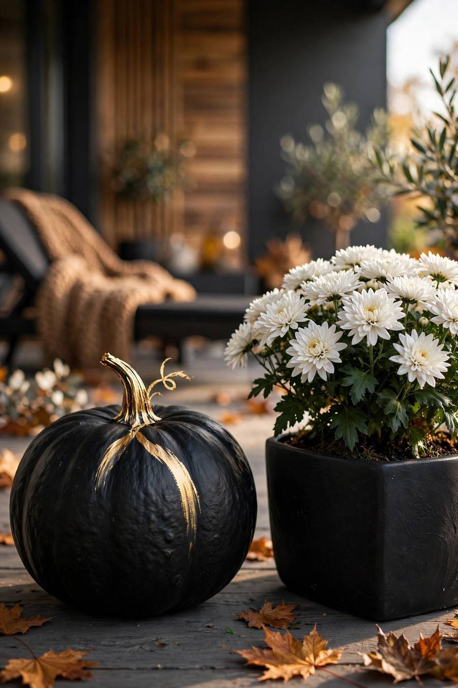 Pumpkin painting ideas: matte black pumpkin with gold stem beside white mums