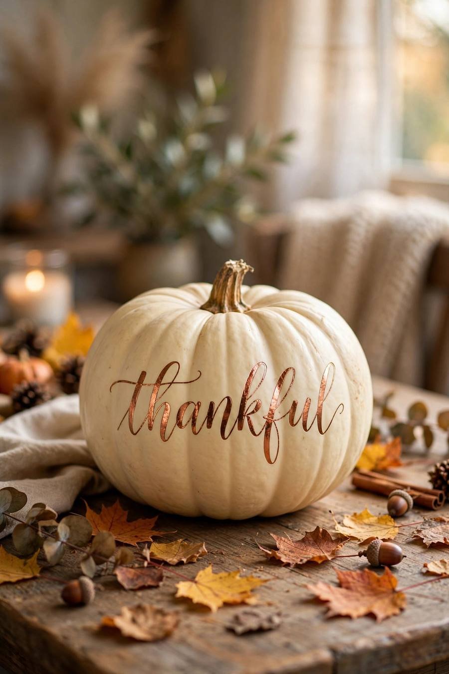 Pumpkin painting ideas: copper calligraphy thankful pumpkin on a fall table