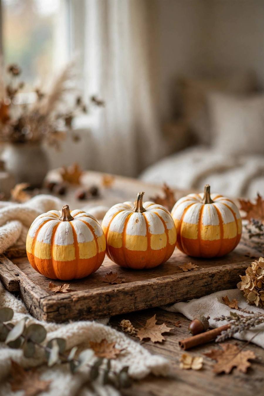 Pumpkin painting ideas: mini pumpkins painted in candy corn stripes on a tray