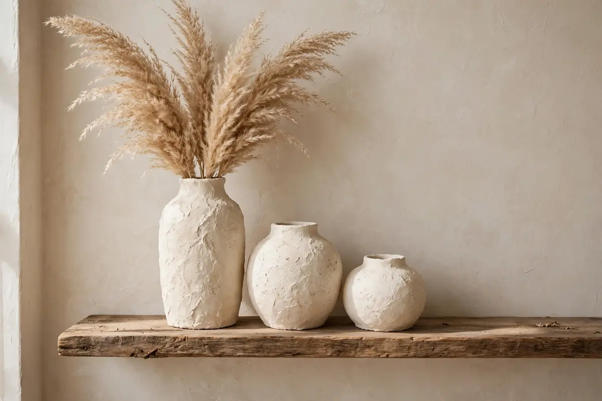 Thrift store home decor flips before and after: thrifted glass vases transformed with baking soda paint texture in creamy clay tones