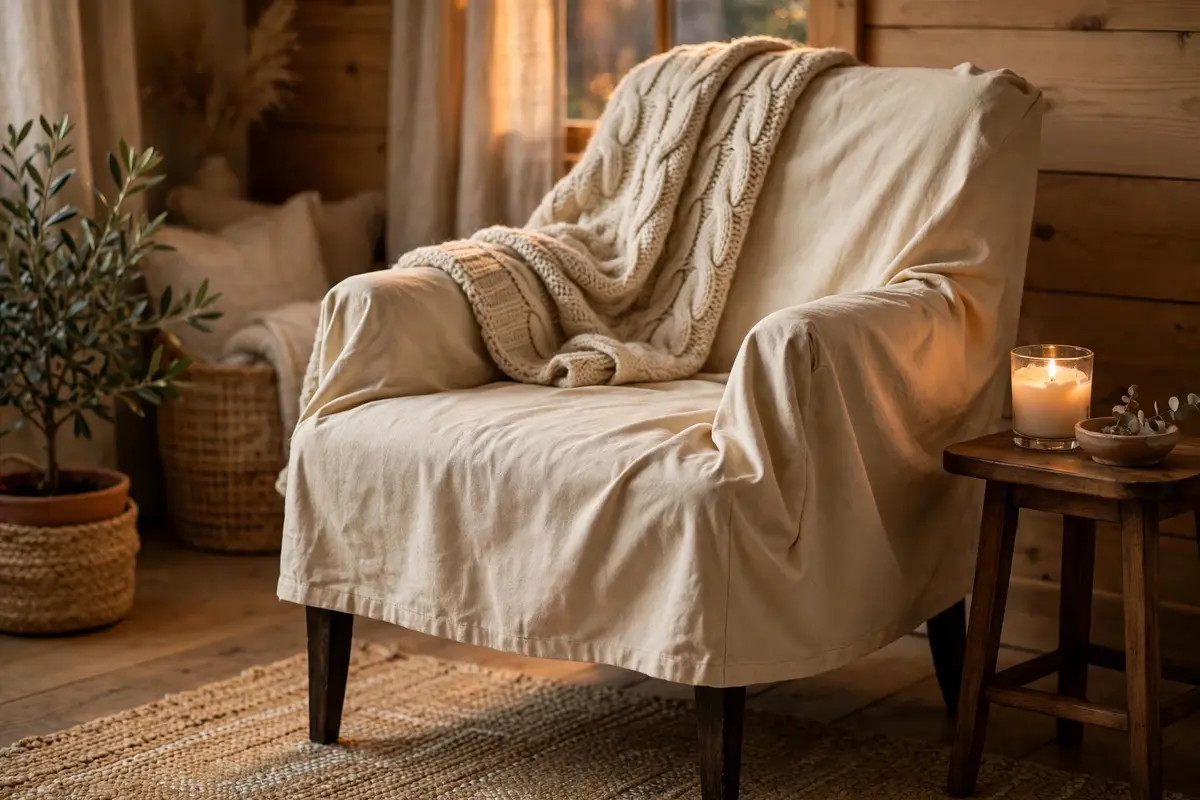 Thrifted armchair recovered in natural drop cloth fabric in a cozy reading corner