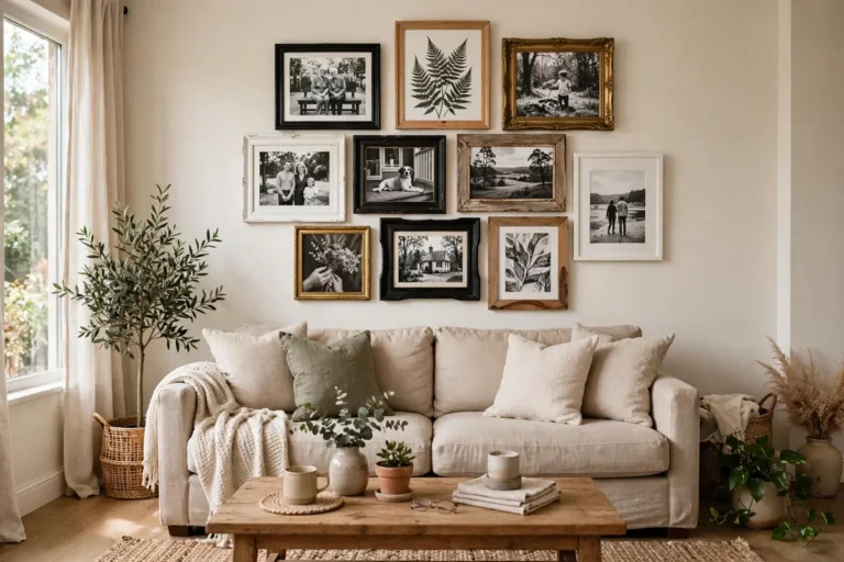Gallery wall of thrifted mismatched frames above a beige living room sofa