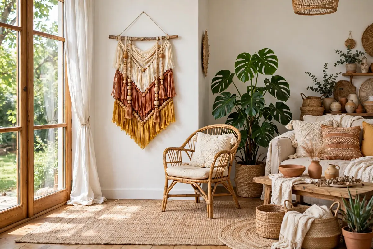 Boho yarn wall hanging with cream and terracotta strands on a wooden dowel
