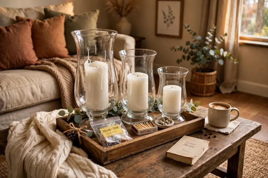 Dollar store pillar candles styled on a coffee table tray