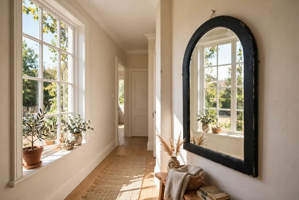 Thrifted arched mirror with painted black frame in hallway