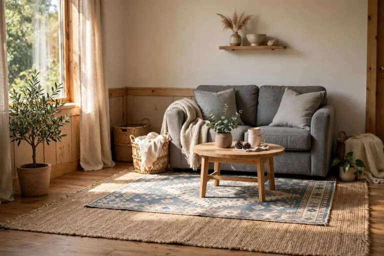 Layered rugs anchoring a small living room seating area