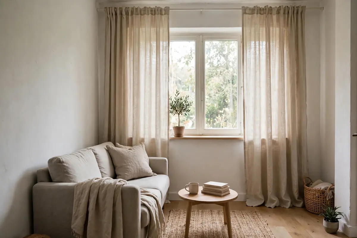Small living room decor ideas on a budget: curtains hung high and wide making a small window look larger