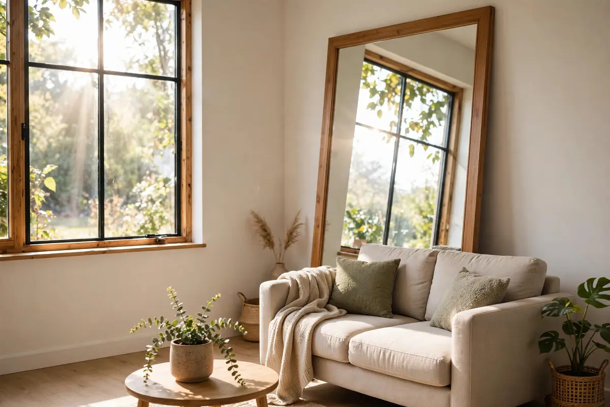 Small living room decor ideas on a budget: large leaning mirror opposite a window bouncing light
