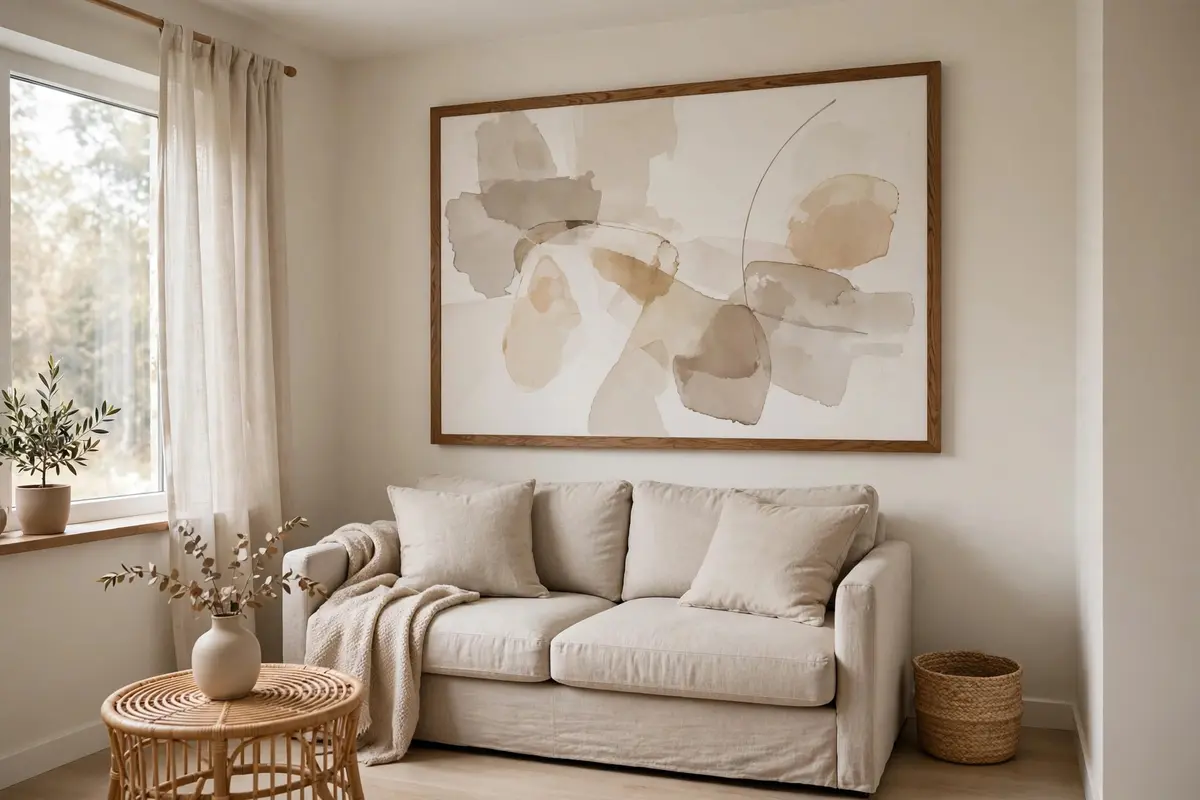 Oversized statement art above a sofa in a small living room