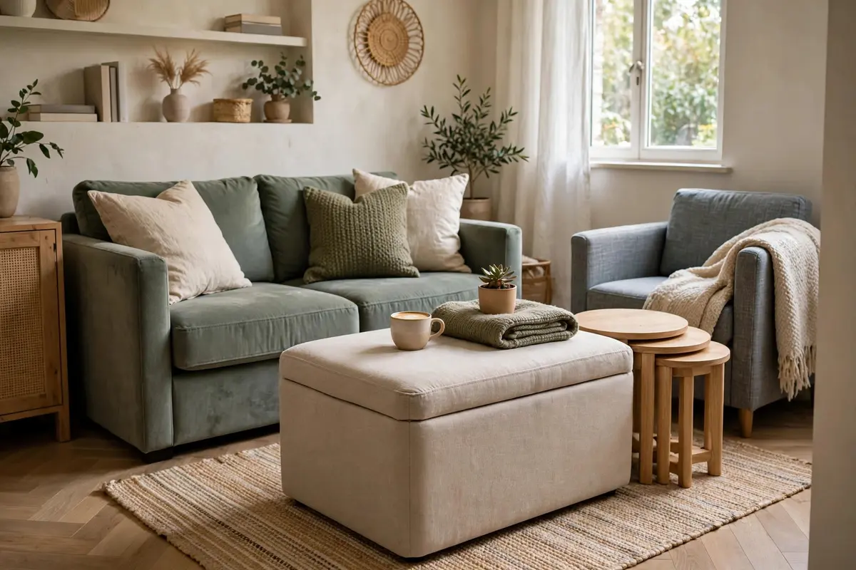 Multi-functional storage ottoman and nesting tables in a small living room