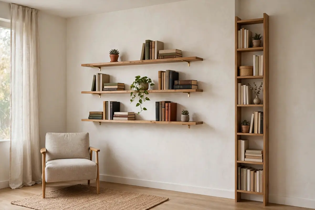 Floating shelves and tall slim storage using vertical wall space