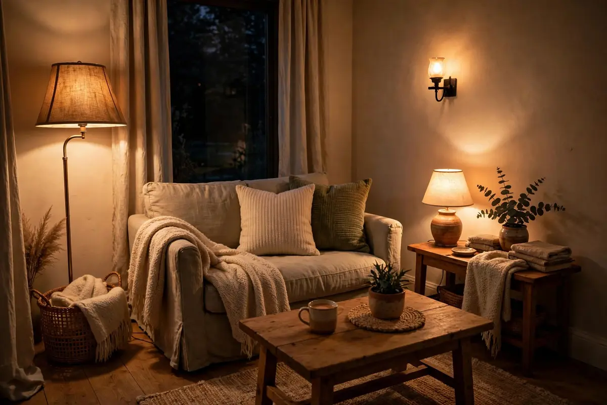 Warm layered lighting with floor lamp and table lamp in a small living room