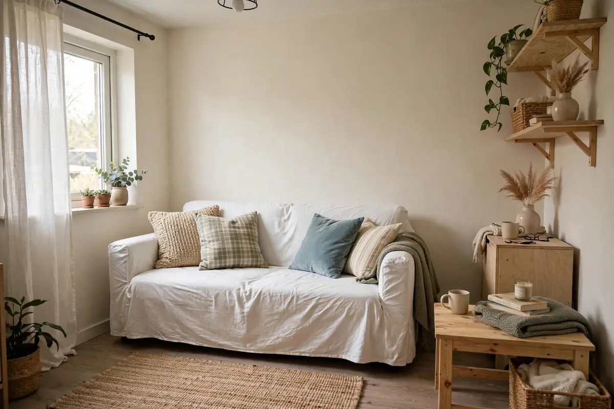 Slipcovered sofa in light neutral fabric brightening a small living room