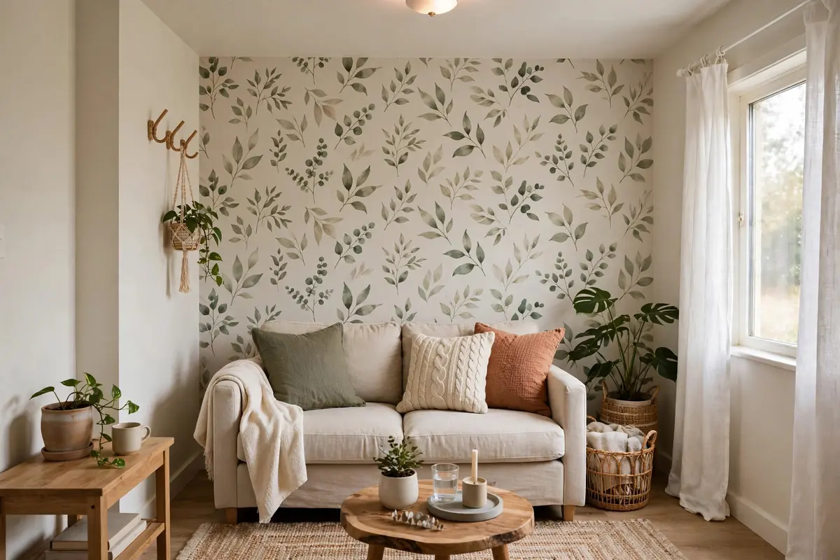 Peel-and-stick accent wall behind a sofa in a small living room