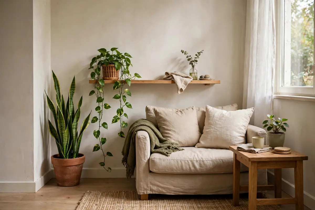 Low-maintenance indoor plants in a small living room