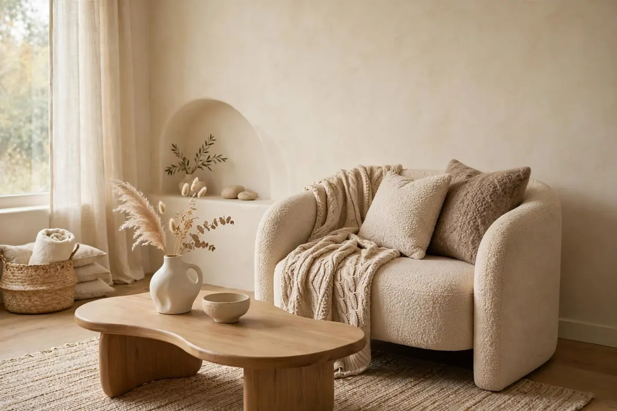 Soft minimalism with warm neutrals and layered textures in a small living room