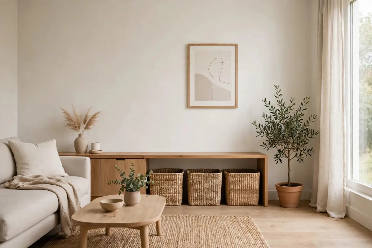 Pretty woven storage baskets organizing a small living room
