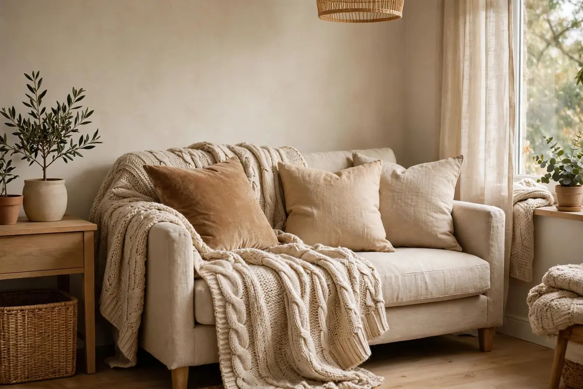 Layered throw and cushions on a sofa in a small living room
