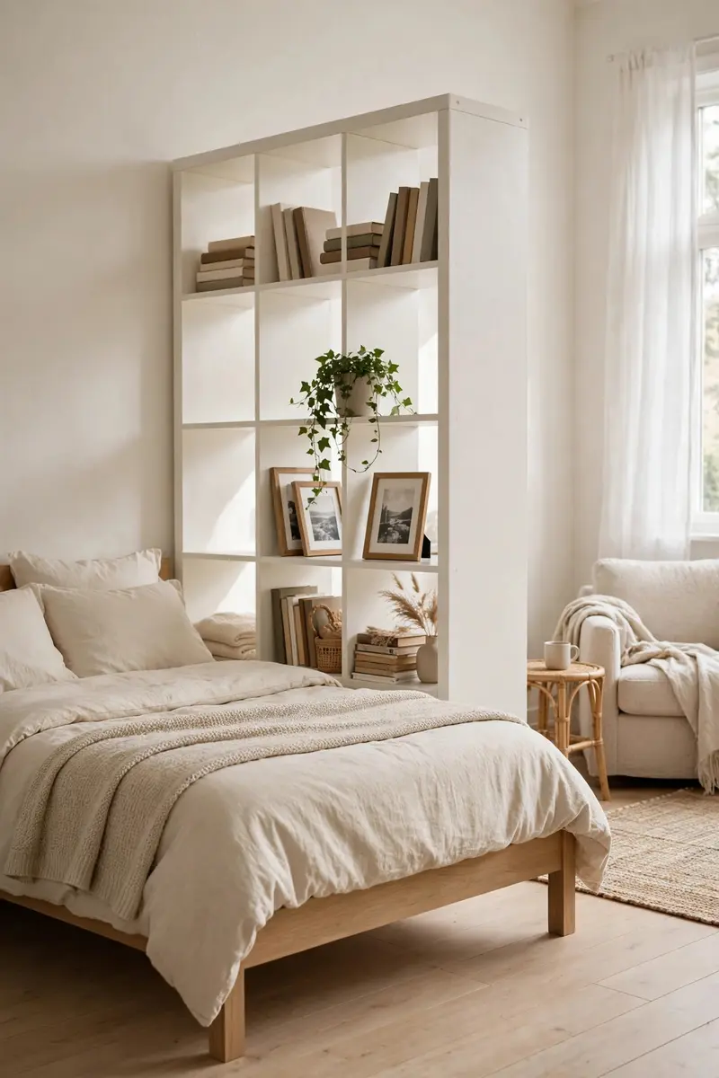 Open bookshelf room divider — studio apartment decorating ideas for sleeping zones