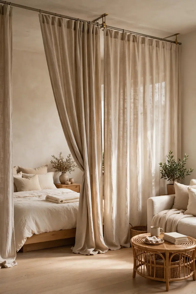 Linen curtains on a ceiling track dividing the sleeping area of a studio apartment