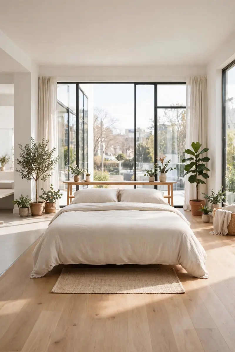 Bed floated away from the wall with a slim bench behind the headboard in a studio apartment