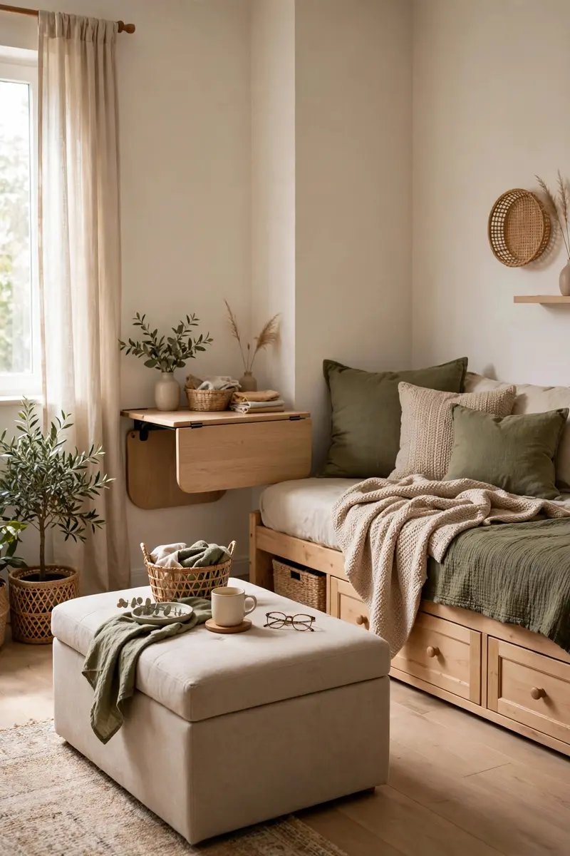 Multifunctional studio furniture: storage ottoman coffee table and daybed with drawers