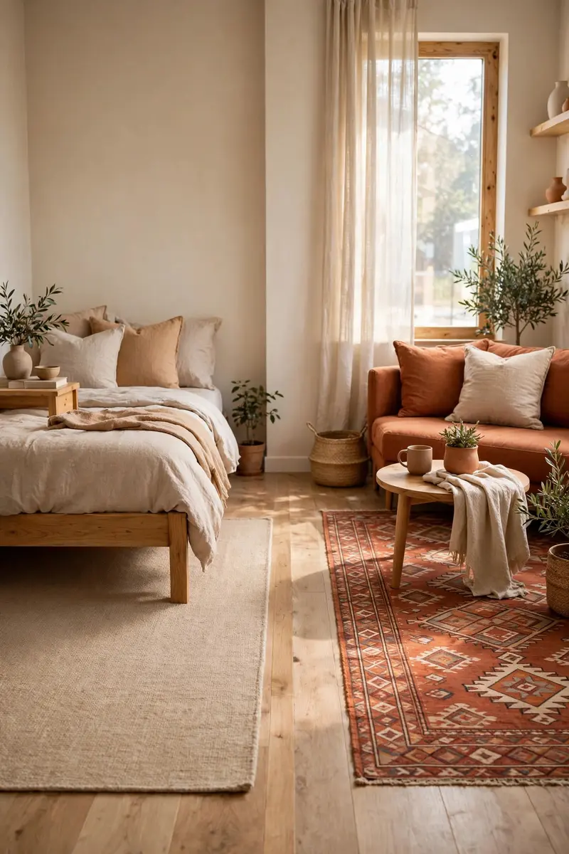 Two layered area rugs defining sleeping and living zones in a studio apartment