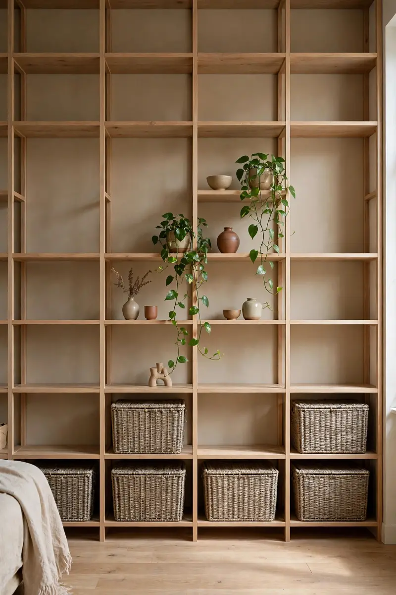 Floor-to-ceiling modular shelving wall in a small studio apartment