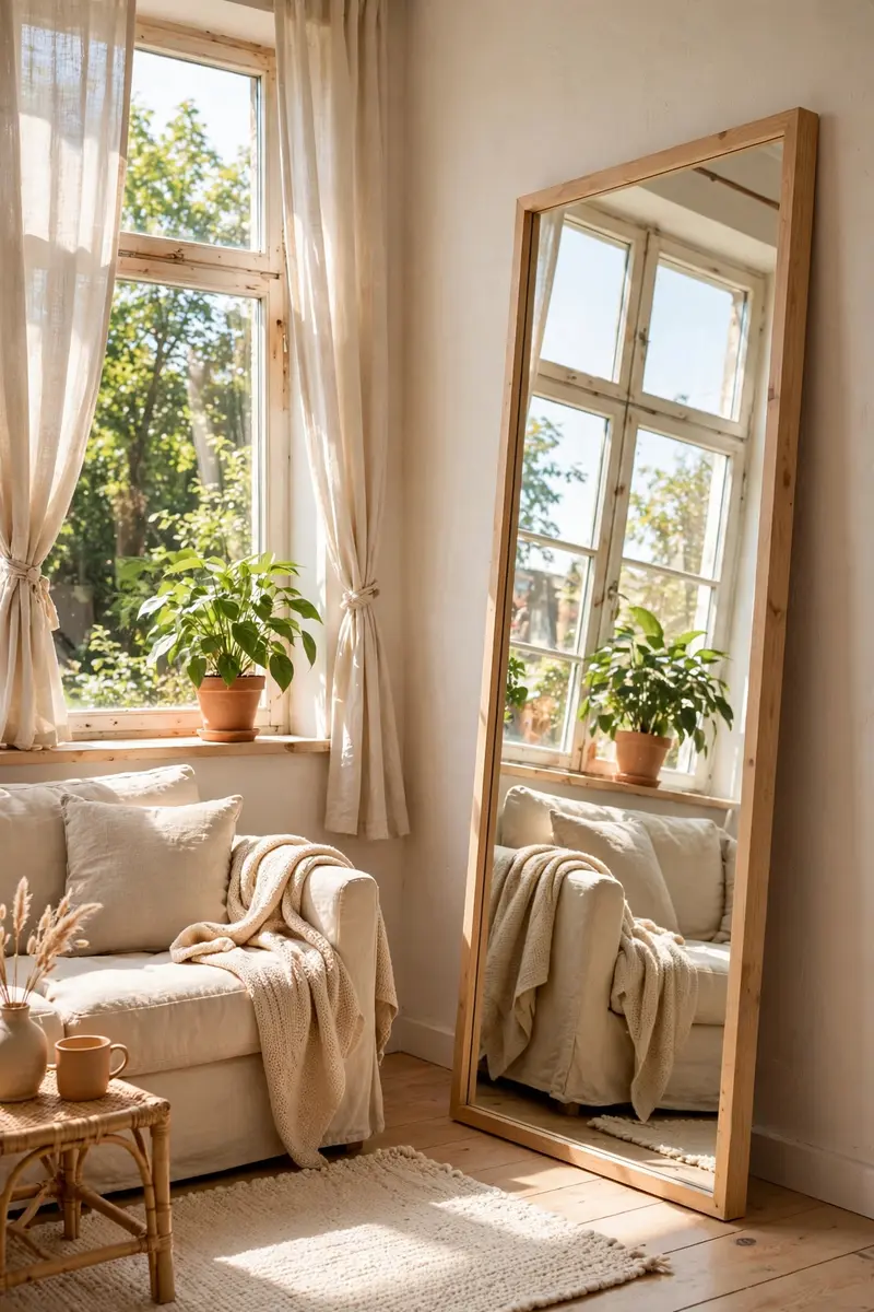 Tall leaning mirror opposite a window bouncing daylight in a studio apartment
